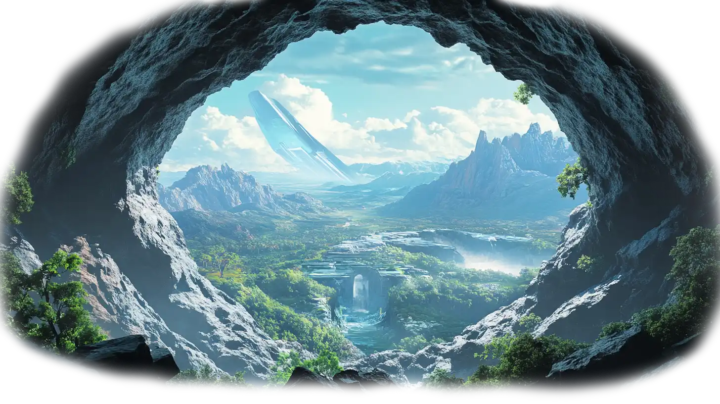 View from a cave overlooking a lush valley with a distant futuristic structure beneath towering mountains.