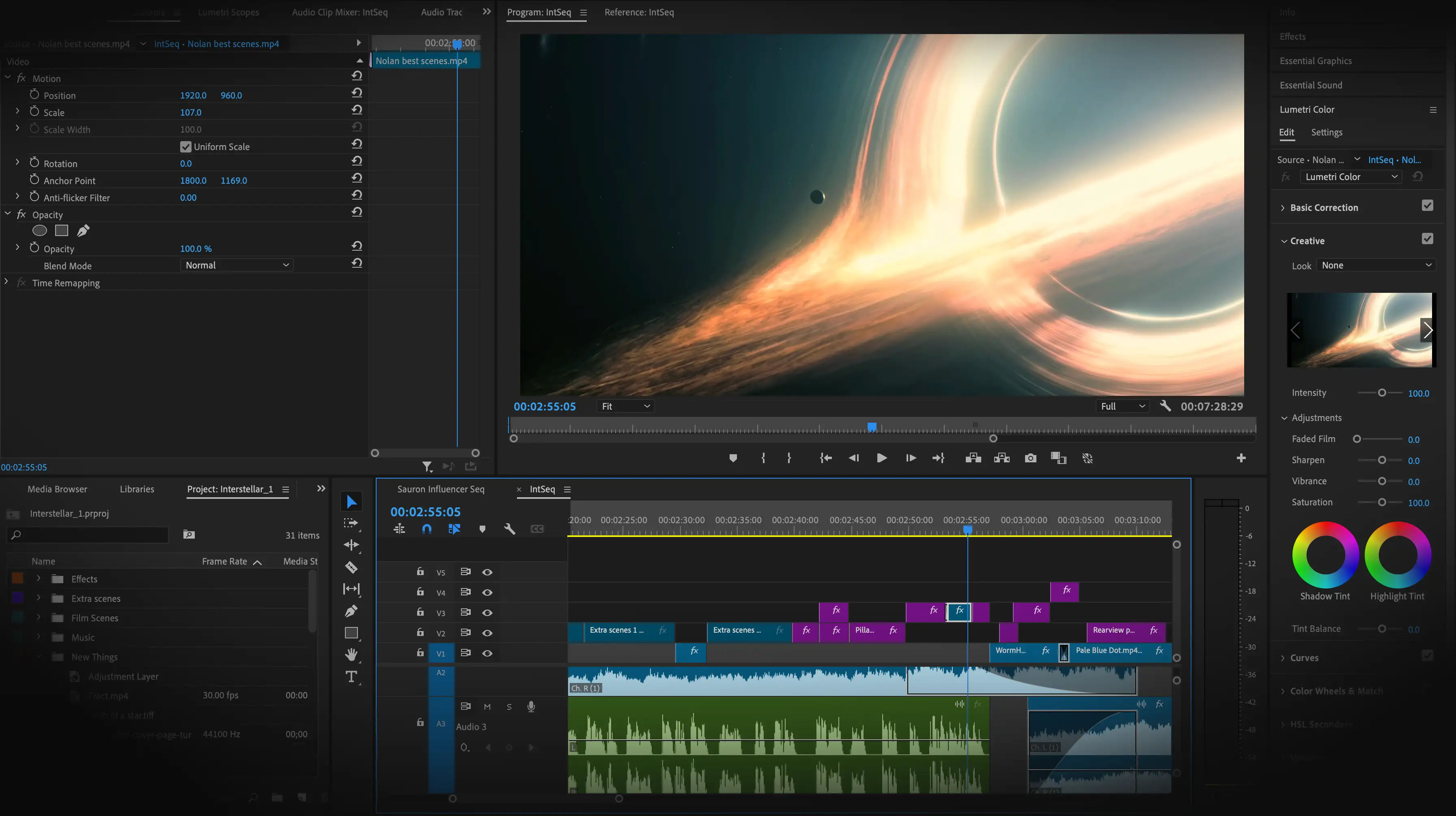 Adobe Premiere Pro editing interface displaying a timeline and various color grading and editing tools.